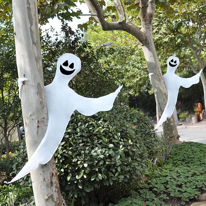 JOYIN 2 Pcs 53” Halloween Decoration Outdoor, Halloween Tree Wrap Ghost Decoration Outdoor, Smiling Hanging Ghost Design for Lawn, Tree, Party Supplies, Haunted House Wrap Decor