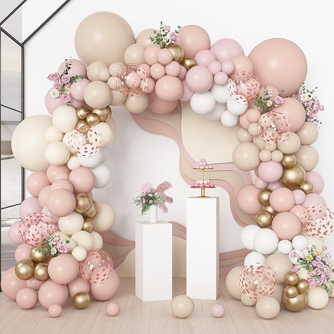 Amandir 173Pcs Boho Dusty Pink Balloon Arch Garland Kit, Neutral Baby Pink Ivory White Sand Nude Rose Gold Confetti Balloons for Girl Baby Shower Gender Reveal Wedding Birthday Party Decorations