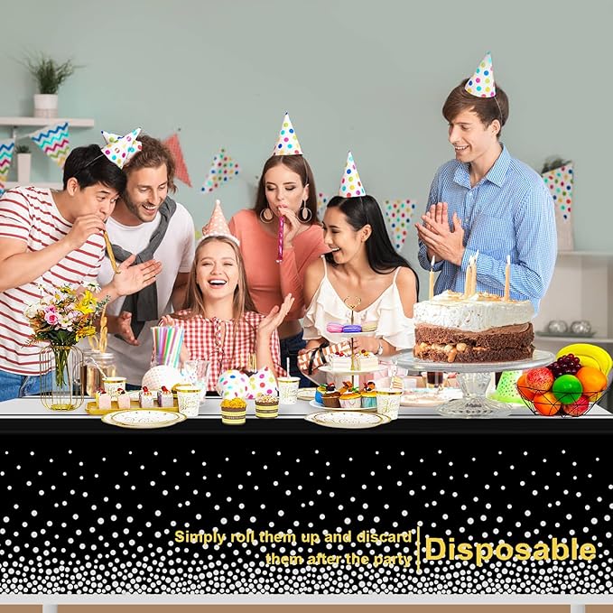 12 Pack Black and Silver Tablecloth Party Decorations Plastic Black Tablecloth Printed Silver Table Runner 54 x108 Inch Disposable Rectangle Table Cover for Birthday Wedding Graduation
