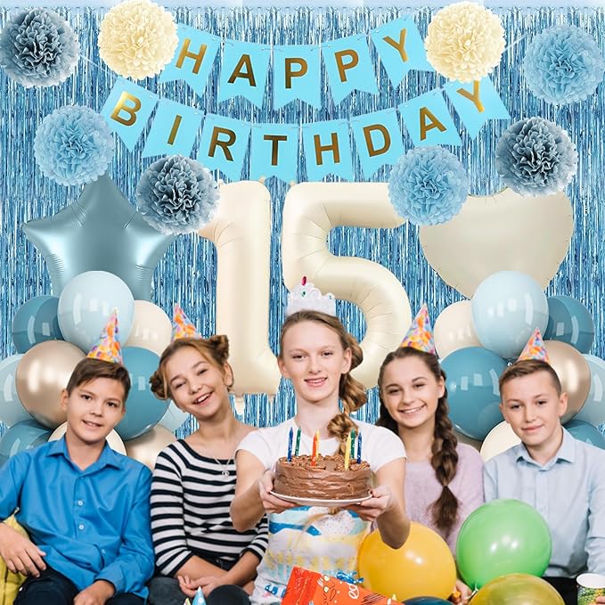 Dusty Blue 15th Birthday Party Decorations Boys Girls Beige Cream Number 15 Balloon with Blue Gold Happy Birthday Banner Fringe Curtain Paper Pom Poms Nude White Sand Champagne Star Foil Balloons