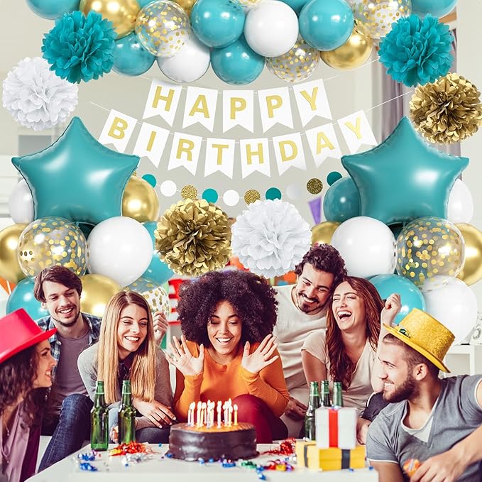 Teal & Gold Birthday Decorations - Turquoise Blue White Gold Balloons, Happy Birthday Banner, Foil Balloons, Aqua Pom Poms for Women & Girls Parties