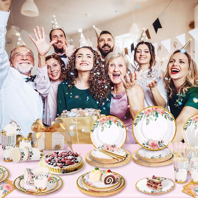 350PCS Floral Paper Plates Set, Disposable Plates With Gold Rim Serve 50 Guests, Party Supplies for Adults Garden Tea Party Bridal Shower Decorations