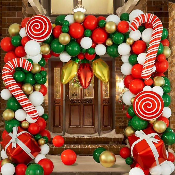 DBKL Balloons 152Pcs Garland Kit for Christmas, Red, White, Green, Gold, Candy Cane, Gift Box, Light Bulb Foil Balloons, Decorations, Party Supplies