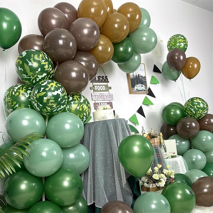 Green and Brown Army Balloons Set, 12 Inch Dark Sage Green Retro Light Coffee Brown Camo Latex Balloons for Camouflage Birthday Party Hunting Soldier Camping Jungle Themed Party Decorations Supplies