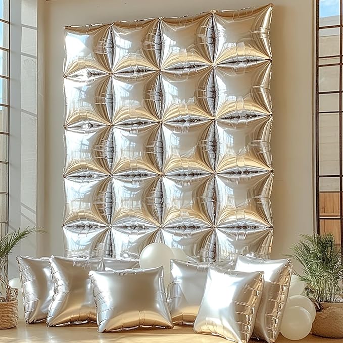 NISOCY 25PCS Metallic Silver Square Foil Balloons Wall Backdrop Chrome Silver Balloon Tunnel Garland Arch Kit for New Year Birthday anniversary Bachelorette Engagement Bridal Shower Party Decorations
