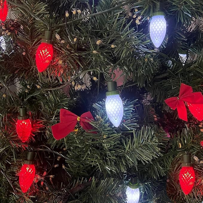 KAQ 2PK 100LED Red & Cool White C9 Christmas Lights Waterproof Indoor Outdoor, Extendable 98FT String Lights Plug in with 13 Lighting Modes, Christmas Decorations for Party Patio, Outside Yard Decor