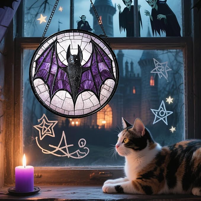 Stained Glass Window Hanging - Halloween Black Bat Purple Wings Monster Suncatcher for Doors Garden Home Spooky Sun Catchers Gothic Decor Horror Gift for Women Men Friend Boy Girl 6.3 in