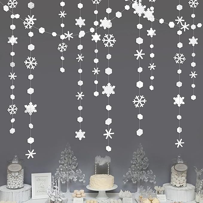 pinkblume 52Ft Winter Wonderland Party Decorations White Snowflake Garland Metallic Glitter Snowflakes Streamer for Winter Onderland Christmas Frozen Birthday Wedding Baby Bridal Shower Party Supplies