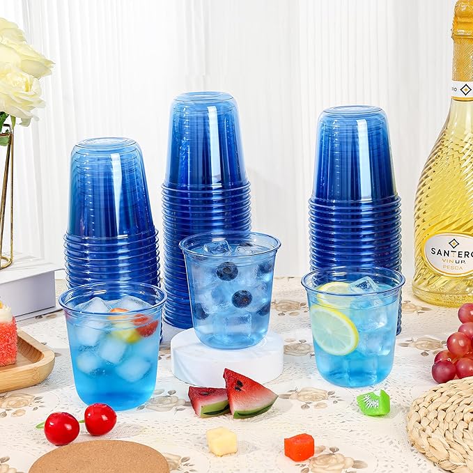 KesaPlan 100 Pcs Blue Plastic Cups, 12oz Disposable Stemless Wine Glasses for Cocktail Clear Wine Cups Cocktail Glasses Blue Party Cup for Wedding Birthday Meeting Christmas Party