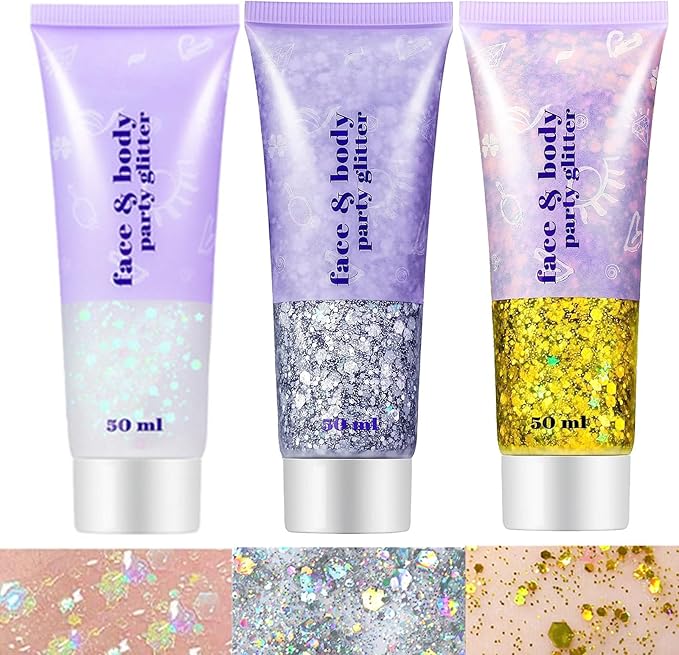 Go Ho White Silver and Gold Face Body Glitter Gel,Holographic Long Lasting Chunky Sequins Glitter Makeup for Singer Concerts,Parties,Performances,Stages,Festival Rave Accessories