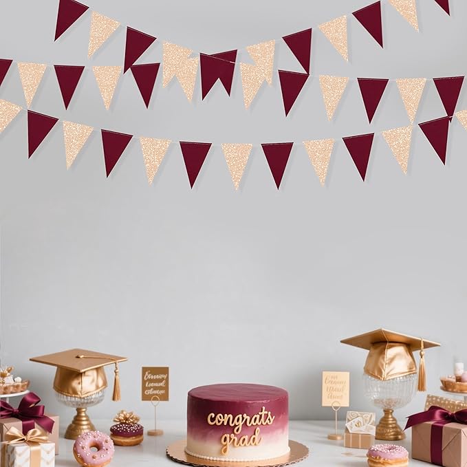 Burgundy Party Decorations Maroon Champagne Gold Triangle Banner Flag Bunting Pennant for Birthday Engagement Wedding Bridal Shower Baby Shower Anniversary Bachelorette Hen Party Decorations Supplies