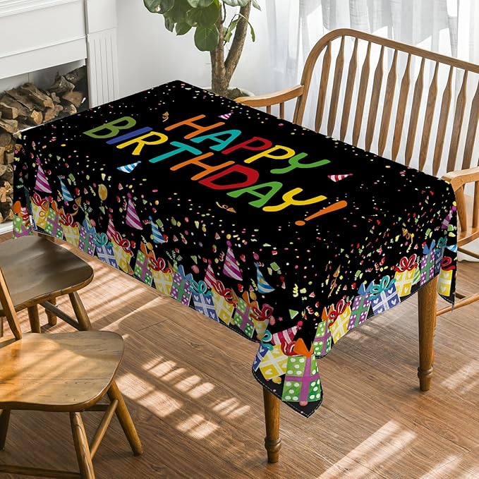Horaldaily Birthday Tablecloth 60x140 Inch Rectangular, Happy Birthday Ballon Black Washable Seasonal Table Cover for Party Picnic Dinner Decor