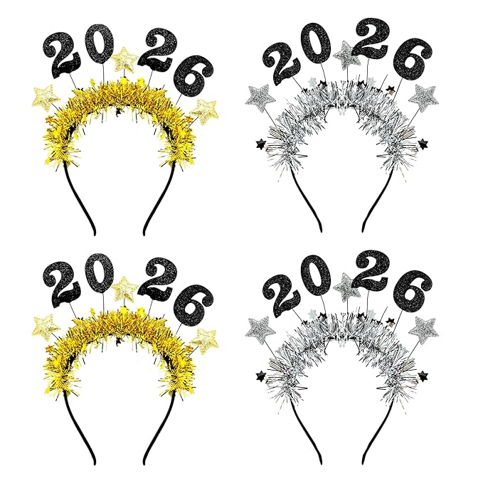 4 Pcs Happy New Year Headbands for Women 2026 New Year Eve Hairbands Party Supplies Holiday Headwear Decoration Gifts (Gold+Silver)