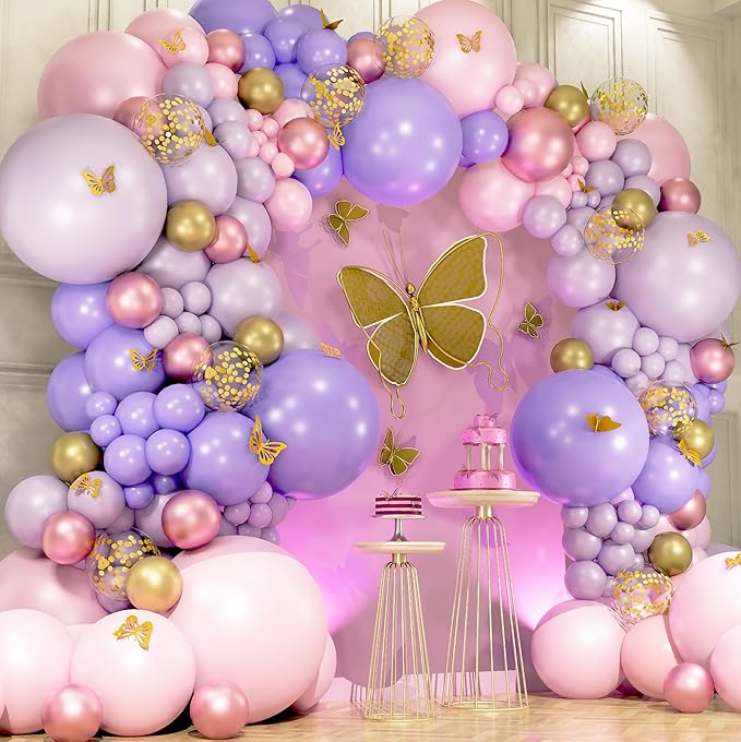 ALL-IN-1 Pink and Purple Balloon Arch Kit & Garland with BONUS Gold Butterfly Balloon Arch Kit – Pastel Pinks and Purples balloons for Girl Pink and Purple Party Decorations or Baby Shower Decorations