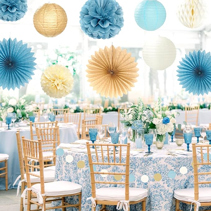 Beige-Champagne-Blue Boho Bachelorette Party-Decorations - 21pcs Women Bridal Shower Banner Garland,Bride To Be Paper Streamers Lanterns,Flower Tissue Pom Poms Fan Favors Wedding Decor Huglony