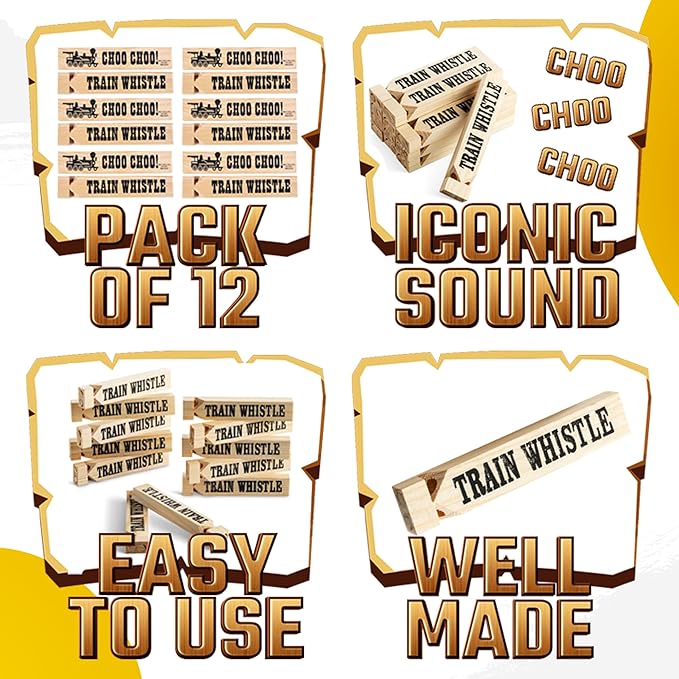 Wooden Train Whistles (Pack of 12) - Wood Train Whistle for Kids, Train Party Favors, Theme Birthday Decorations, Noisemakers, Goodie Bag Filler, Small Game Prizes, Stocking Stuffers