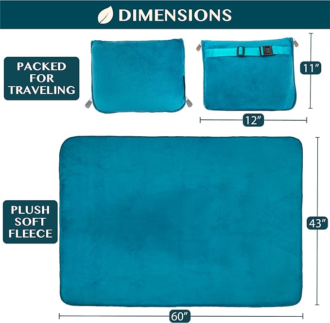 PAVILIA Travel Blanket Pillow, Soft Airplane Blanket 2-IN-1 Combo Set, Plane Blanket Compact Packable, Flight Essentials Car Pillow, Travelers Gifts Accessories Luggage Backpack Strap, 60x43 Teal Blue