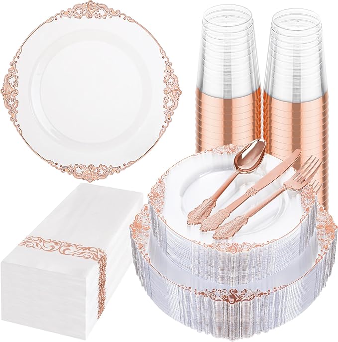 Hioasis 175pcs Clear Rose Gold Plastic Plates - Elegant Disposable Dinnerware Set Suitable for 25 Guests Include 10.25" Dinner & 7.5" Dessert Plates, Cutlery, Napkins, Cups for Party