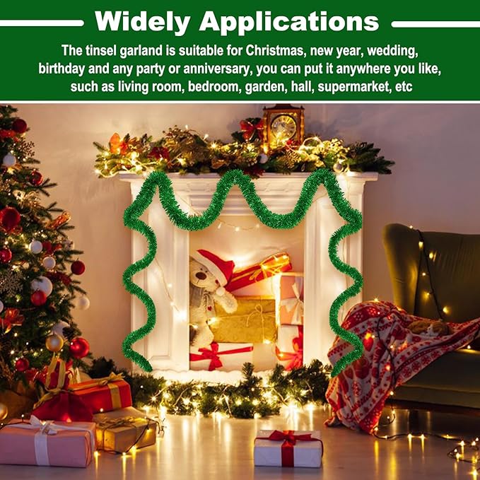 25 Feet Christmas Tinsel Garland, Metallic Twist Garland Wall Hanging Tinsel Garland Backdrop for Parade Floats, Carnival, Birthday, Wedding, New Year Party Decorations (Green, 4in x 25ft)