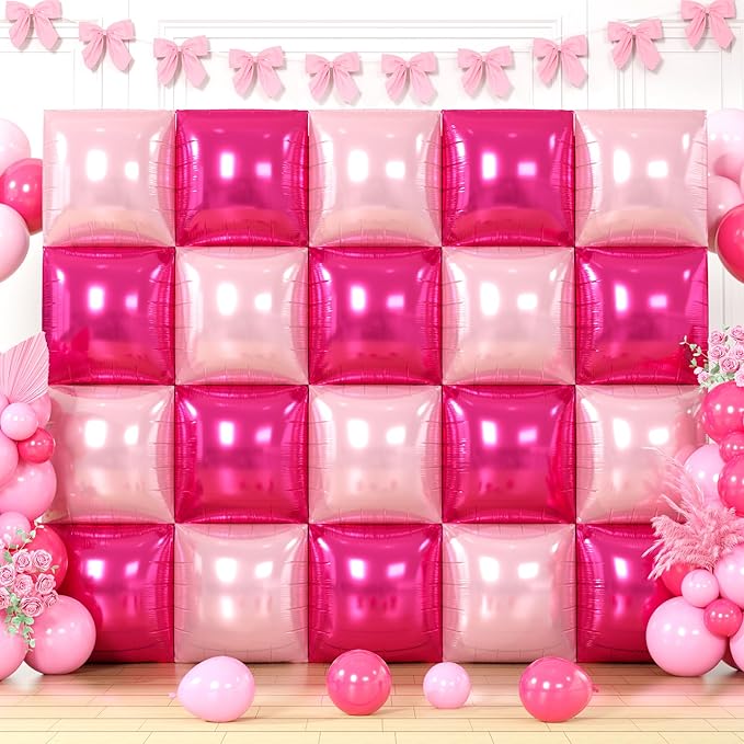 Hot Pink Square Balloons Wall, 10 PCS Magenta Foil Balloons Wall Double Sided Pink Balloon Wall Backdrop for Girls Bachelorette Birthday Bridal Shower Princess Party Decorations
