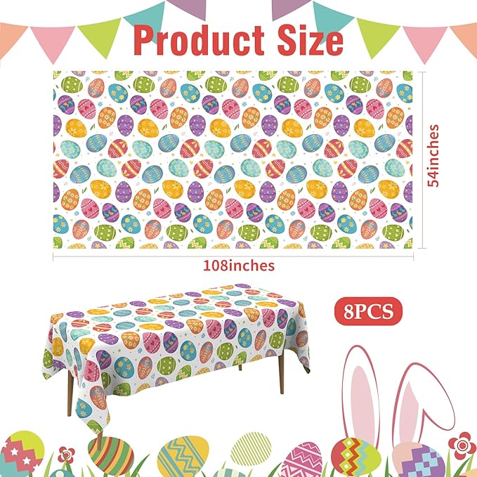 Easter Tablecloth, 8 Pack Colorful Easter Eggs Table Cloth, 54x108 Inch Plastic Disposable Rectangle Spring Table Cover for Easters Tables Decorations Outdoor Picnic Home Kitchen Dinner Party Supplies