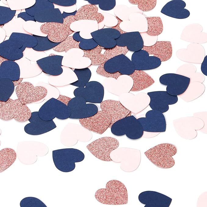 Navy-Blue Pink Rose-gold Heart Confetti - 300pcs Decor Glitter Paper Dots Gender Reveal Graduations Wedding Bachelorette Engagement Birthday Party Table Decorations Lasting Surprise