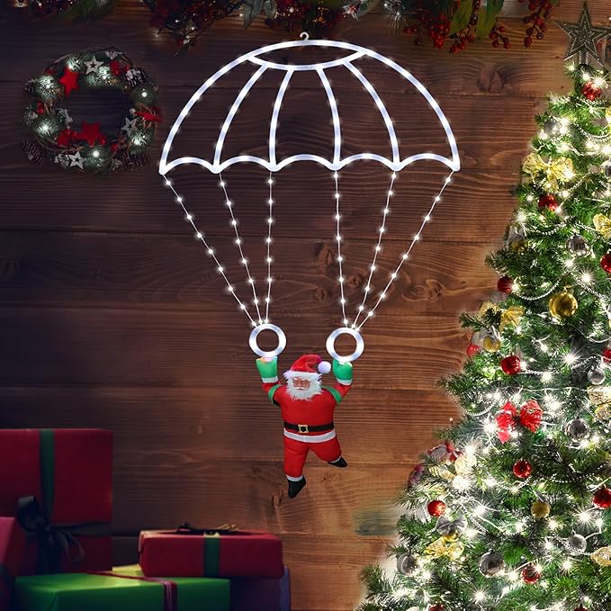 Toodour Christmas Decorations Lights Outdoor, 2.8FT Christmas Parachute Lights with Santa Claus, Waterproof 8 Modes Hanging White Xmas Light - Holiday Decorative Light for Indoor Eave Roof