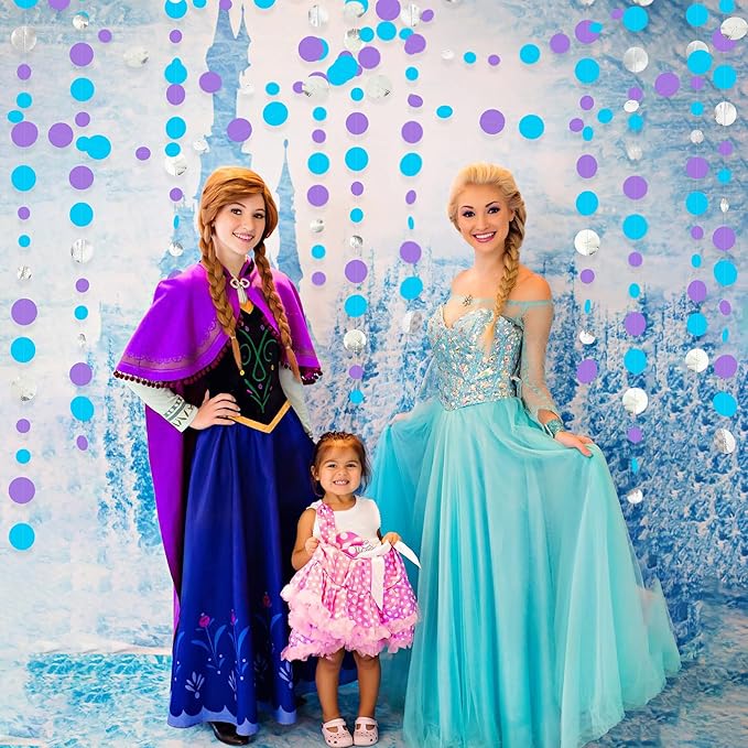 46 Ft Frozen Party Decorations Purple Blue Silver Polka Dots Garlands Hanging Paper Circle Dots Streamer for Frozen Birthday Winter Wonderland Christmas Holiday Wedding Baby Shower Party Supplies
