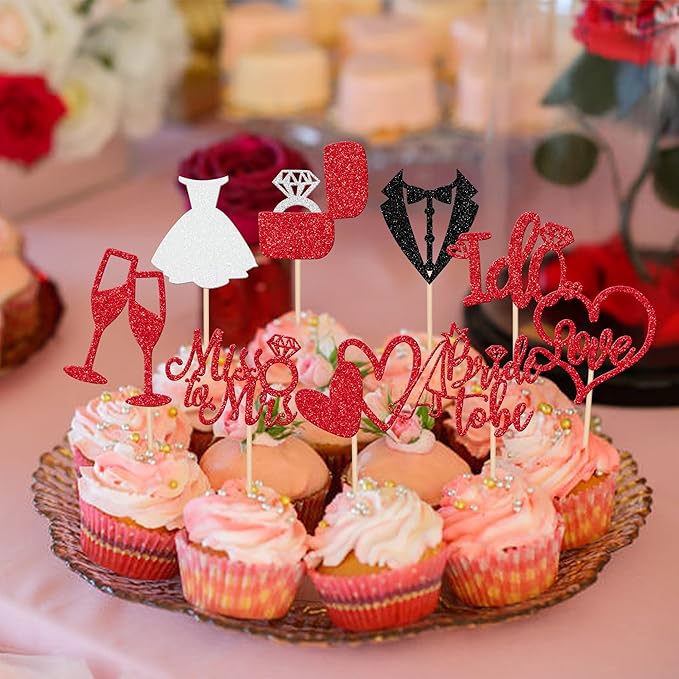 30 PCS Bride to Be Cupcake Toppers Glitter Miss to Mrs I Do Love Heart Ring Cupcake Picks Wedding Bridal Shower Cake Decorations for Wedding Engagement Bachelorette Party Supplies Red