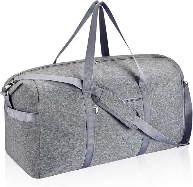 Felipe Varela 65L Duffle Bag with Shoes Compartment, Foldable Carry on Bag Travel Duffel Bags Overnight weekender Gym Bag with Wet Pocket for Women Men(Grey)
