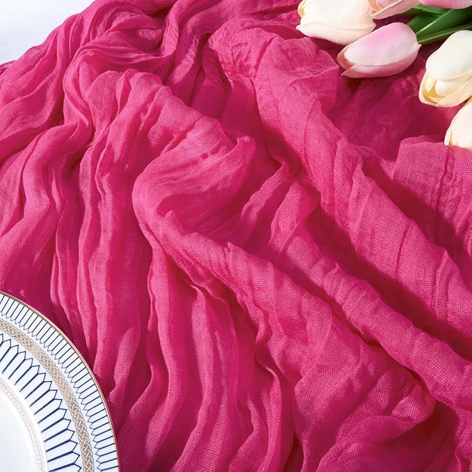 FEXIA Rose Red Table Runner 35x120 Inches for Baby Shower Decoration Gauze Rustic Table Runner for Wedding Party First Communion Centerpiece Engagement Bridal Shower Boho Decoration