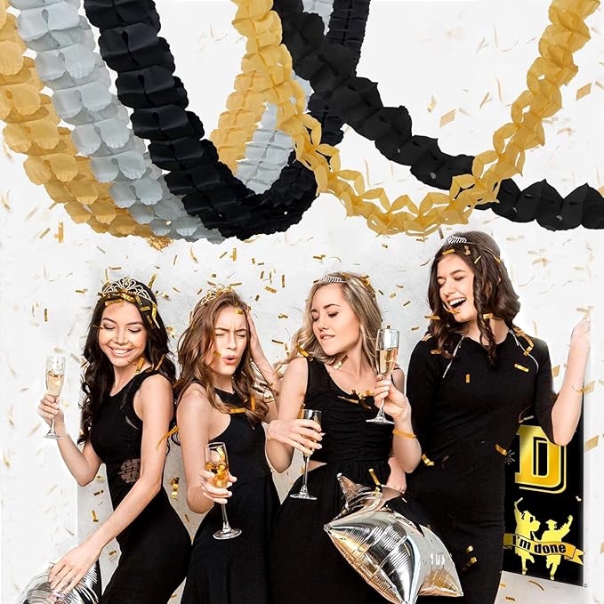 Black-Gold Silver Party-Decorations Streamers Garland - 157Ft Graduation Four-Leaf Clover Hanging Banner,Retirement Men Boys Birthday Wedding Baby Bridal Shower New Years Supplies Decor Hugtmr