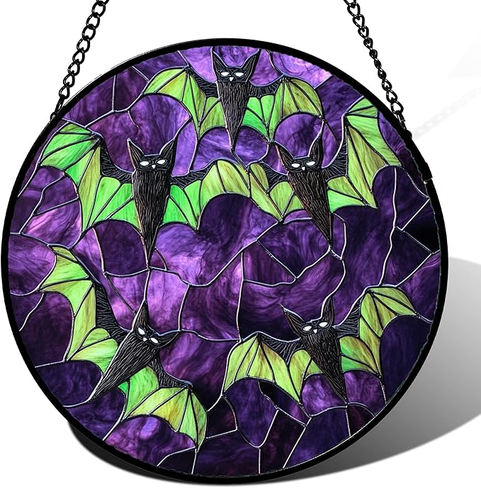 Stained Glass Window Hanging - Halloween Decorations Black Bat with Green Wings Suncatcher for Doors Garden Indoor Spooky Sun Catchers Gothic Decor Horror Gifts for Women Men Friend 7.8 in