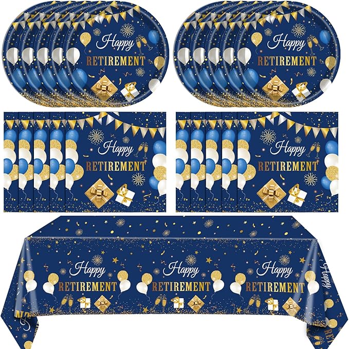 41PCS Retirement Decorations For Women Men Blue Gold Happy Retirement Party Supplies Decor Napkins Plates Tablecloth Tableware Set Serves 20
