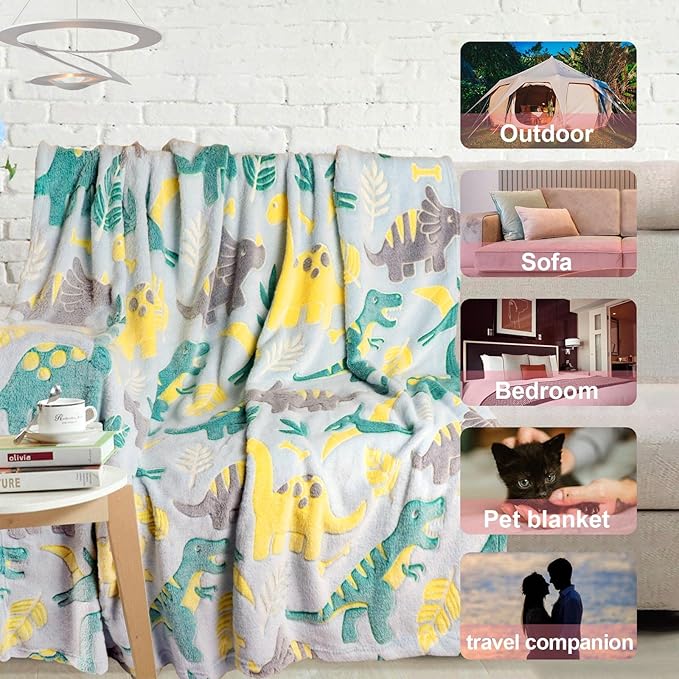 Glow in The Dark Dinosaur Blanket for Boys - Soft Fleece Throw for Kids, Toddlers - Dinosaur Gifts, Birthday Present - 50"x60"