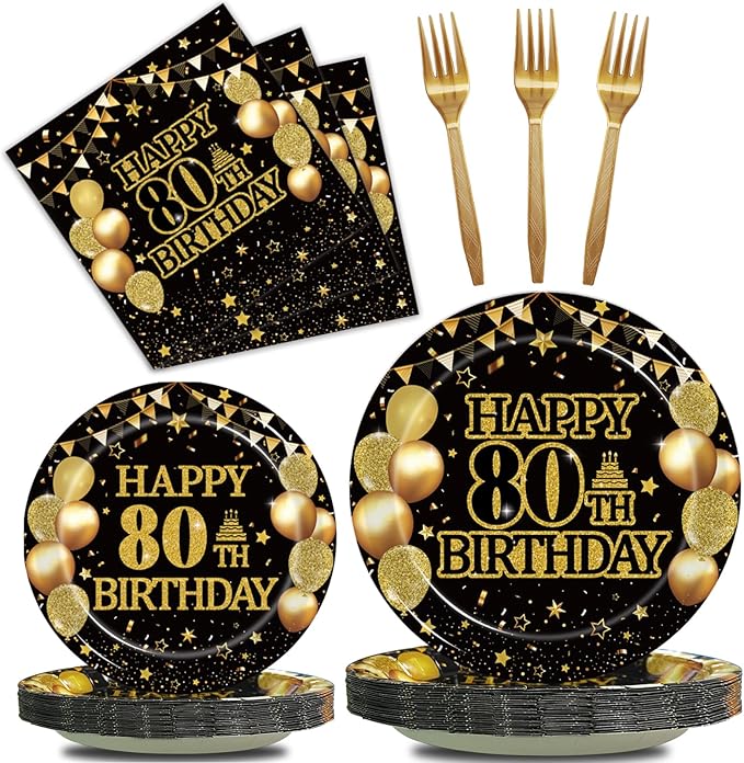 96Pcs 80th Birthday Party Tableware Set, Back in 1946 Birthday Party Decorations Supplies for Men Women Cheers to 80 Years Disposable Paper Plates Napkins Forks Favors, Serve 24