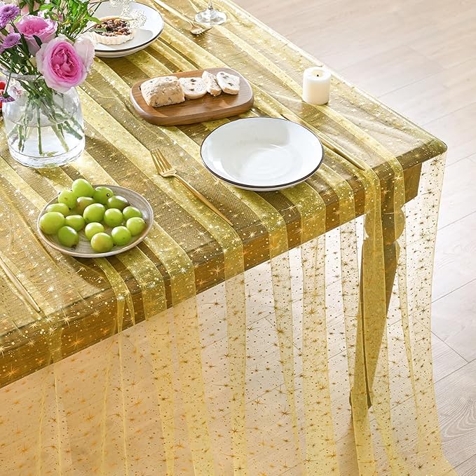 Horaldaily Yellow Gold Sparkling Star Gauze Tablecloth 60x120 Inch Rectangular, Golden Star Sequin Glitter Metallic Foil, Sheer Tulle Cheesecloth for Wedding Baby Shower Party