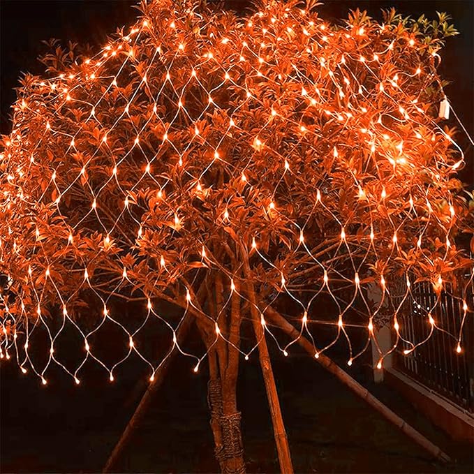 LJLNION Halloween Net Lights, 360 LED 12ft x 5ft Connectable Mesh Fairy String Lights,8 Modes Low Voltage Safe Adaptor for Xmas Trees, Bushes, Wedding, Outdoor Garden Decorations, Orange