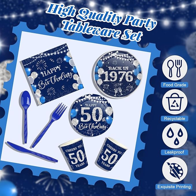 240 Pcs 50th Birthday Decorations 1976 Birthday Party Tableware Include Plates Napkins 9oz Cups Cutlery 50th Anniversary Party Supplies for Men Women Him Her, Serve 30 Guests (Blue Silver)