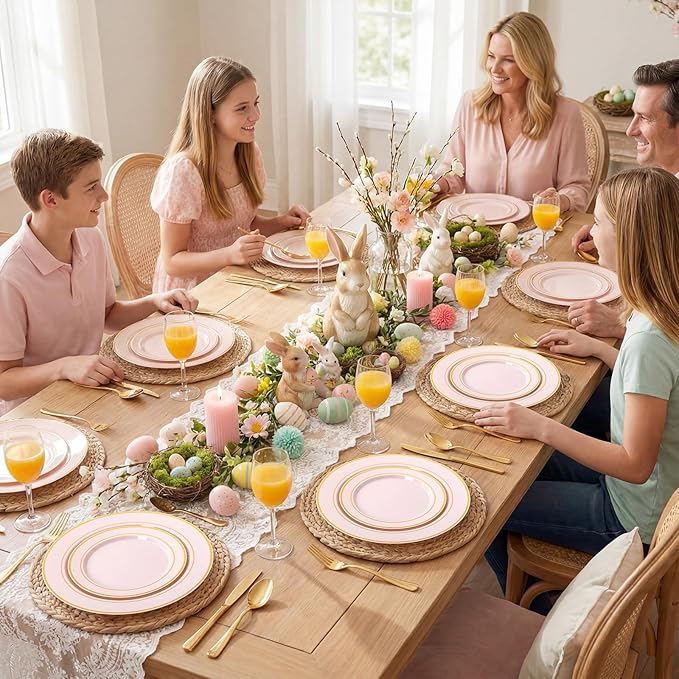 350PCS Pink Disposable Plates - Pink Plastic Plates 50Guests Plastic Dinnerware Sets with Rolled Napkins for Wedding/Birthday/Baby shower/Easter