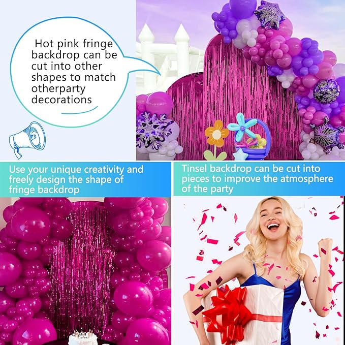 2 Pack Hot Pink Backdrop Party Decorations Tinsel Foil Fringe Curtain Backdrop Streamer Photo Booth for Wonmen Girl Pink Theme Princess Bachelorette Graduation Birthday Party Decorations
