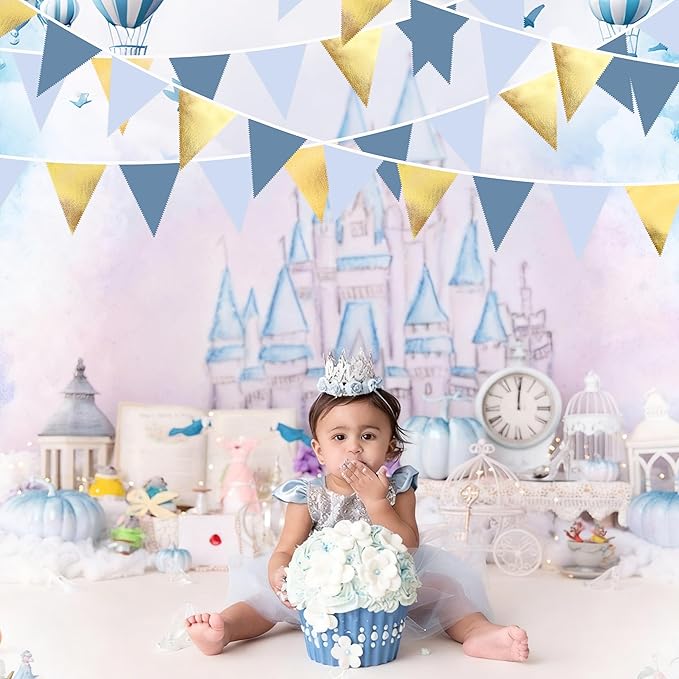 32Ft Dusty Blue Gold Party Decorations Dusty Blue Gold Triangle Banner Flag Pennant Fabric Garland Streamers for Nautical Birthday Ahoy Achor Bridal Baby Shower Sea Summer Graduation Party Decor