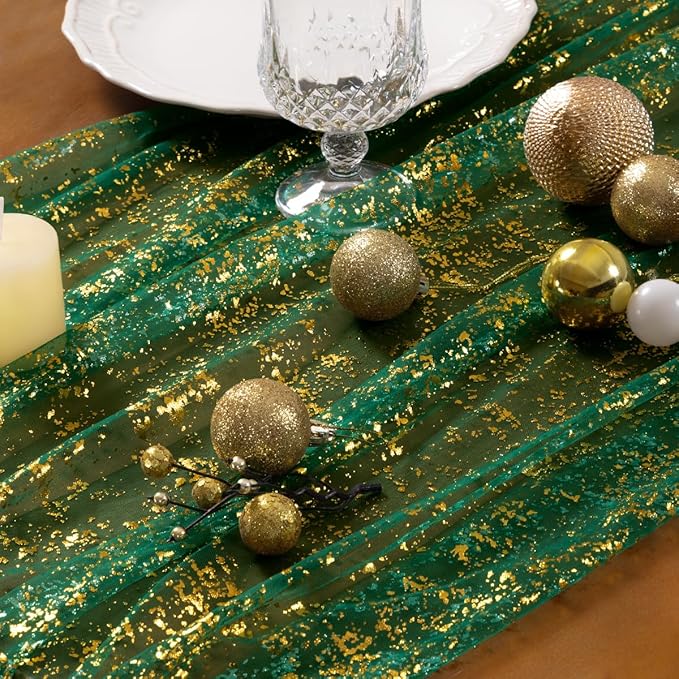 Socomi Christmas Snow Table Runner Gold Gauze Sheer Chiffon Cheesecloth Sequin 10FT Glitter Metallic Foil Dining Wedding Birthday Party Holiday Centerpiece Table Decor 3pcs Emerald Green