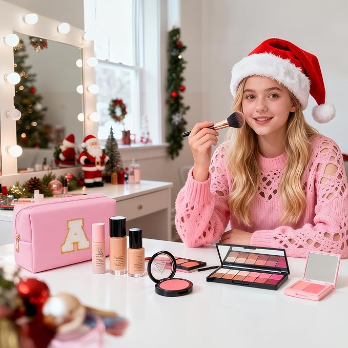 TOPEAST Birthday Gifts for Women Teen Girls - 4 5 6 7 8 9 10 11 12 Year Old Girls Birthday Gifts, Travel Makeup Bag, Initial Cosmetic Bag Toiletry Pouch (Pink M)