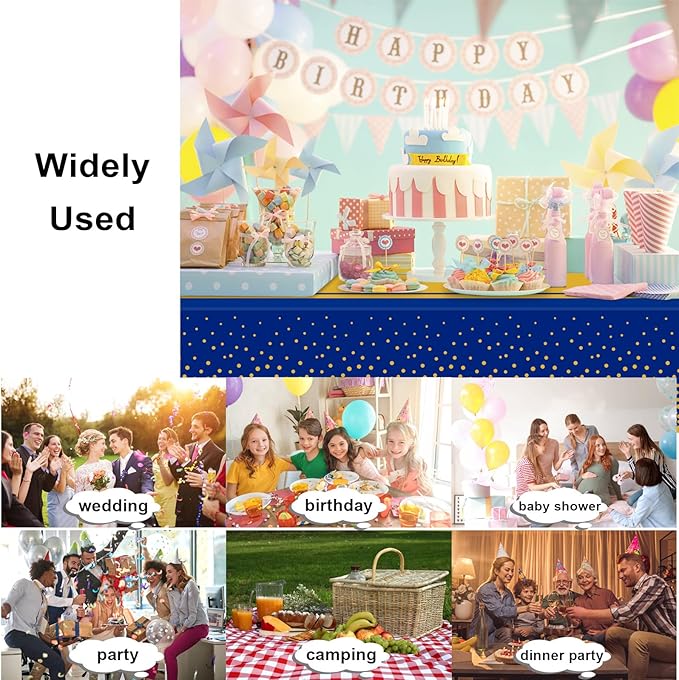 4 Pack Blue and Gold Tablecloth Party Decorations Plastic Blue Tablecloth Printed Gold Table Runner 54 x108 Inch Disposable Rectangle Table Cover for Birthday Wedding Graduation Anniversary
