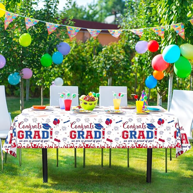 3 Pack Graduation Tablecloth Party Decorations, Class of 2026 Congrats Grad Plastic Tablecover Party Supplies, Blue and Red Rectangle Graduation Table Decor for College High School Party, 54x108Inch