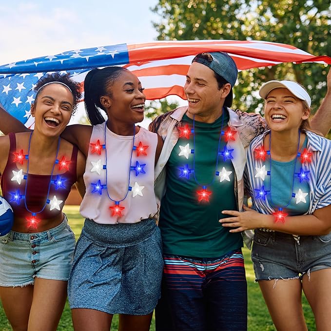 10PCS Independence Day Necklace Accessories, 4th of July Light up Necklaces Bulk, LED Patriotic 7 Bulb Red Blue Whtie Stars Necklaces, Glow Necklace for 4th of July Memorial Day Parades Party Favors