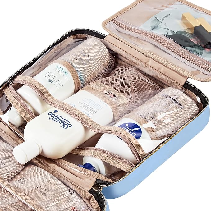 NISHEL Travel Toiletry Bag for women, Portable Hanging Organizer for Full-Sized Shampoo, Conditioner, Brushes Set, Makeup Accessories, Large Size, Placid-Blue