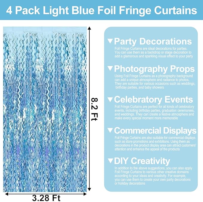 4 Pack Light Blue Wave Foil Fringe Curtain Backdrop, 3.28Ft x 8.2Ft Metallic Tinsel Foil Fringe Streamer Curtains for Photo Booth, Mother's Day, Easter, Birthday, Wedding Party Decoration