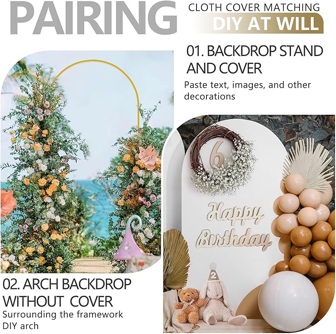 Arch Backdrop Stand and Cover Set, Metal Balloon Arch Backdrop 6.6ft, Gold Arched Stand Frame for Wedding, Parties,Birthday, Backdrop Decorations (White,6.6ft)